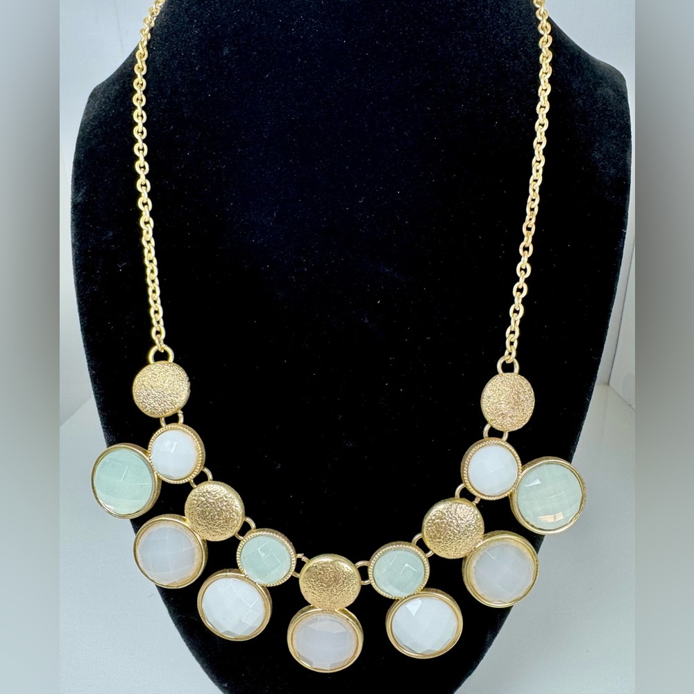 Gold-tone and White Round Faux Stone Bib Statement Necklace #1400